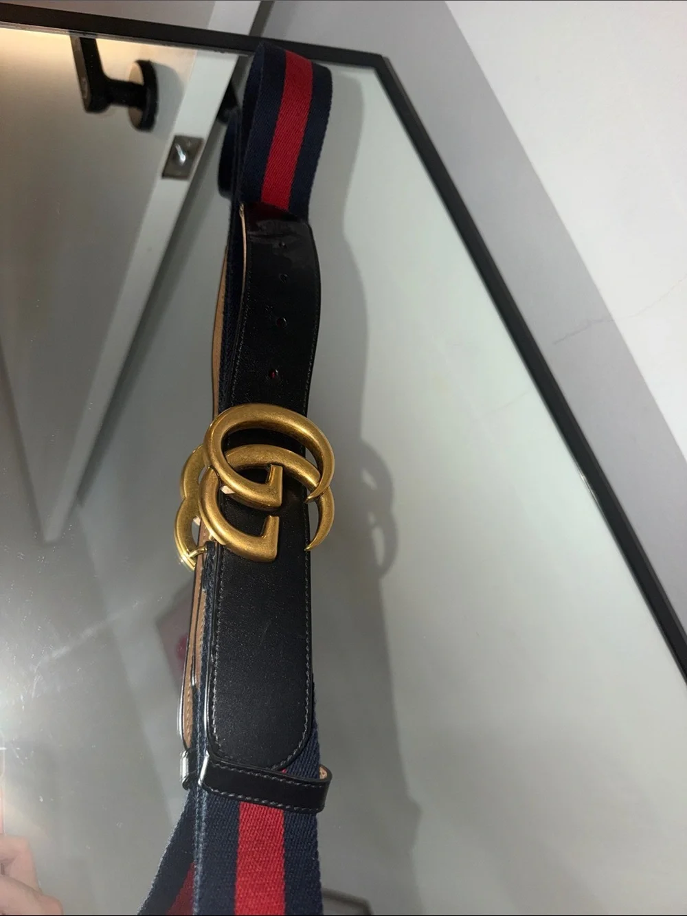 Gucci Black Leather & Navy Red Web Belt with Gold Double G Buckle